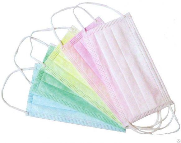 Маски медицинские 3-слойные с носовым фиксатором в п/э (розовый, зелёный, жёлтый)